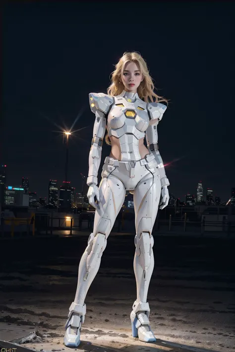 white pretty women with blonde hair in  yellow robot amor at the street in the night, full of neon light,
sexy full body pose, s...