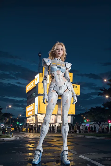 white pretty women with blonde hair in  yellow robot amor at the street in the night, full of neon light,
sexy full body pose, s...