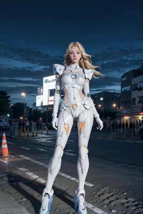 white pretty women with blonde hair in  yellow robot amor at the street in the night, full of neon light,
sexy full body pose, s...
