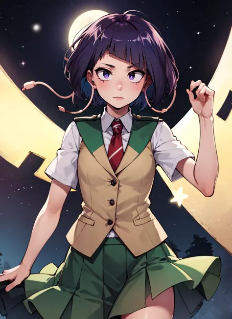 ((best quality)), ((highly detailed)), absurdres, extremely detailed face, beautiful face, (detailed eyes, deep eyes), (1girl), dynamic pose, cowboy shot, (((wide shot))), <lora:jirou_kyouka:1>, jirou_kyouka, short hair, purple hair, blunt bangs, sidelocks, purple eyes, long earlobes, small breasts, white shirt, school uniform, green skirt, red necktie, (grey vest), black socks, brown loafers, (outside, at a village, midnight, night sky, stars, full moon, shooting star), <lora:malberrybush_nai:1>