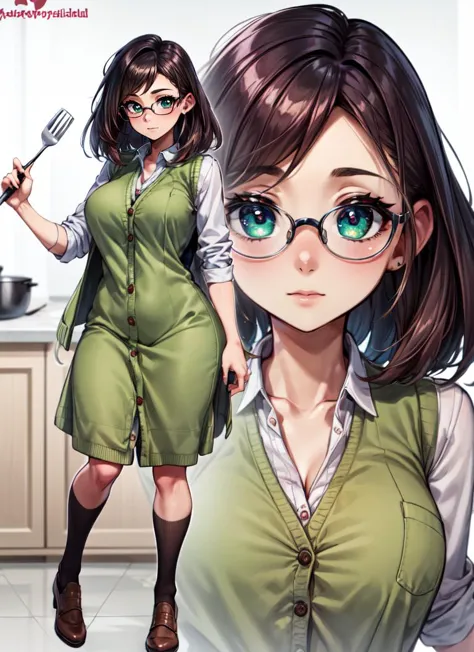 anime girl in green dress with glasses and a knife and fork