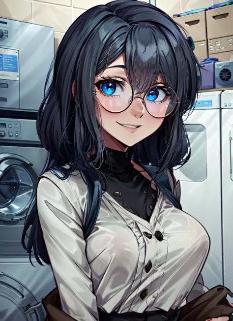 ((best quality)), ((highly detailed)), masterpiece, absurdres, (detailed eyes, deep eyes), <lora:more_details:.5>, (1girl), (glasses), depth of field, dynamic pose, upper body, nerd, <lora:LoraRoundGlassesV1:.8>, round glasses, thick rimmed glasses, smile, (inside, in a laundryroom), <lora:malberrybush_nai:1>