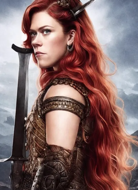 a woman with red hair and a sword in a field