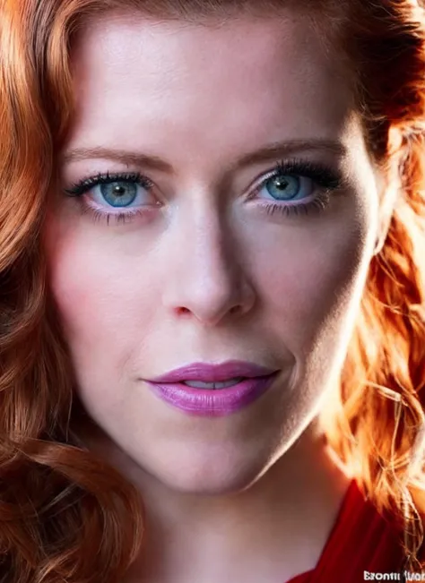 a close up of a woman with red hair and blue eyes