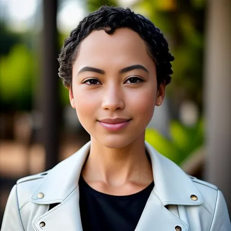 a close up of a woman in a white jacket and black shirt