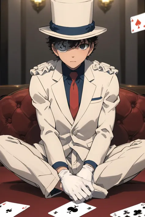 masterpiece,best quality,highres,<lora:kid-v5:0.7>,1boy,solo,1990s \(style\),kaitou kid,monocle,top hat,white suit,red necktie,white gloves,<lora:GoodHands-beta2:1>,sitting,playing card,indoors,