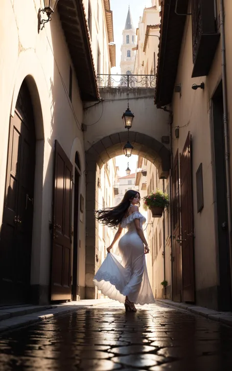 arafed woman in white dress walking down a narrow alleyway