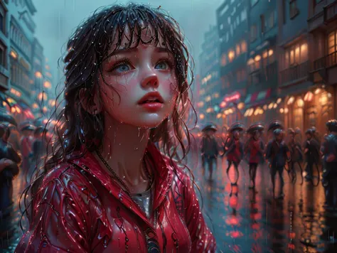 a woman in a red jacket standing in the rain