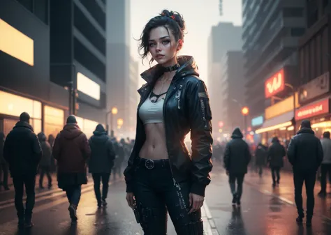 a woman in a leather jacket standing on a city street