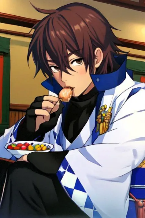 anime character eating food in a restaurant with a blue and white jacket