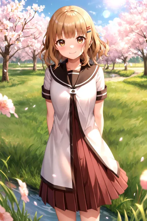 masterpiece, best quality, 1girl,  <lyco:Sakurako-000012:1.0>, ohmuro sakurako, hairclip, sailor dress, smile, arms behind back, fluttering grass, spring, sakura blossoms, petals, lens flare, altocumulus, dazzling light, cool breeze, shade of a sakura tree, meadow, lake, surface reflection