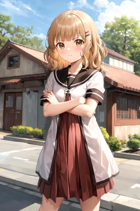 anime girl in a short dress standing on the street