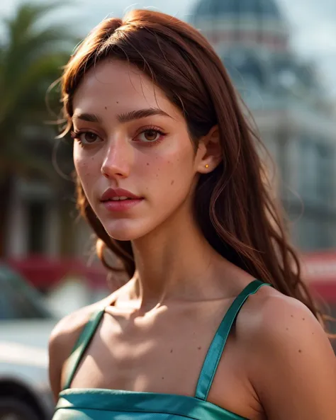 a close up of a woman in a green dress standing on a street