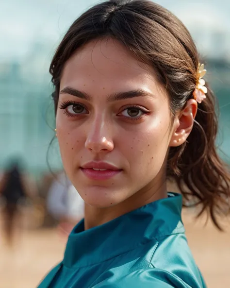 arafed woman with a flower in her hair on the beach