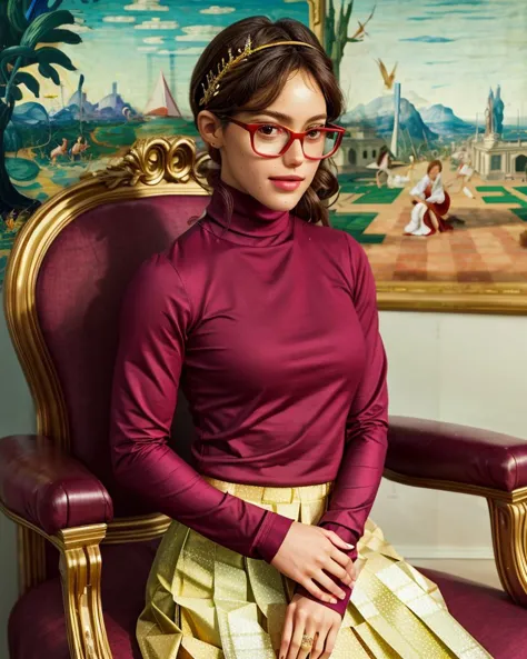 ChzAllisonS, (realistic, hyperdetailed:1.3) photo of 1girl as a strict librarian, the Queen of Quiet demands a symphony of silence, glasses, turtleneck, skirt, bejeweled tiara, (stern expression), sensible hairstyle, comfortable armchair throne, library kingdom background, (looking at viewer), Shhhh!, (masterpiece, best quality:1.5),