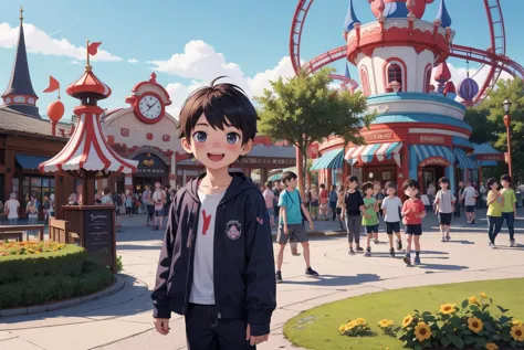 anime boy standing in front of a carousel at a amusement