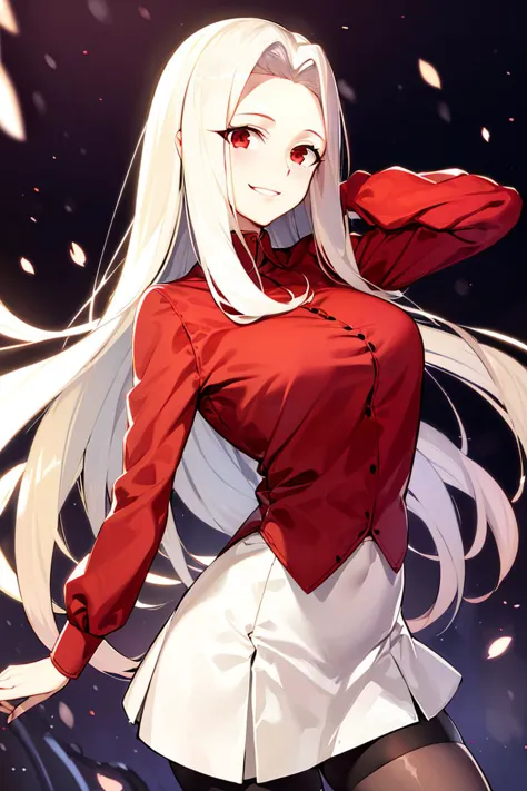 ((masterpiece,best quality)), absurdres, <lora:irisviel_von_einzbern_combined:0.7>, irisviel_von_einzbern, red shirt, white skir...