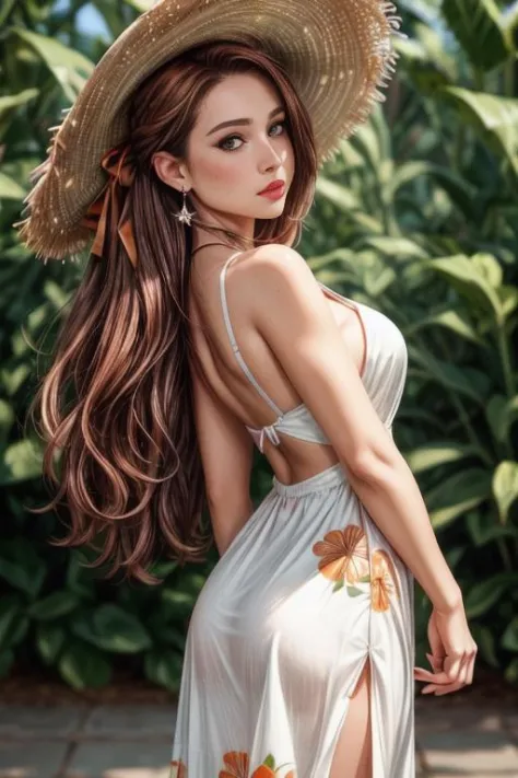 A half body photo portrait of a attractive woman 21 y.o., NSFW,
summer, A floral midi dress with sandals and a straw hat, Enigma, Tall, Thin, Diamond-Shaped Face, Dark Skin, Auburn Hair, Hazel Eyes with Green Flecks, Long Nose, Pouty Lips, Round Chin, Shoulder-Length Hair, Fine Hair, Ballerina Bun, full breasts, Cuff earrings, orange metallic lipstick,
moles, skin imperfection,
Masterpiece, hi res, 8k, award winning, RAW photo, high quality, 35mm photograph, film grain, bokeh, professional, 4k, highly detailed, <lora:more_details:0.6>