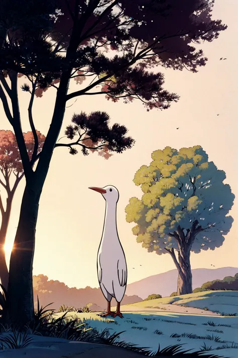 a cartoon bird standing in the middle of a field next to trees