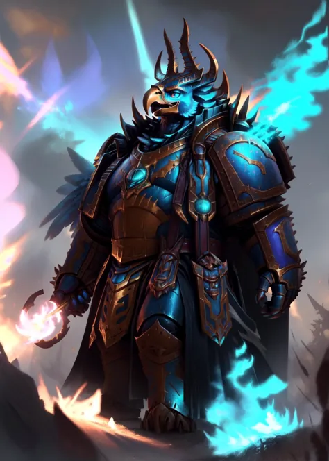 a man in armor with a glowing blue flame on his chest