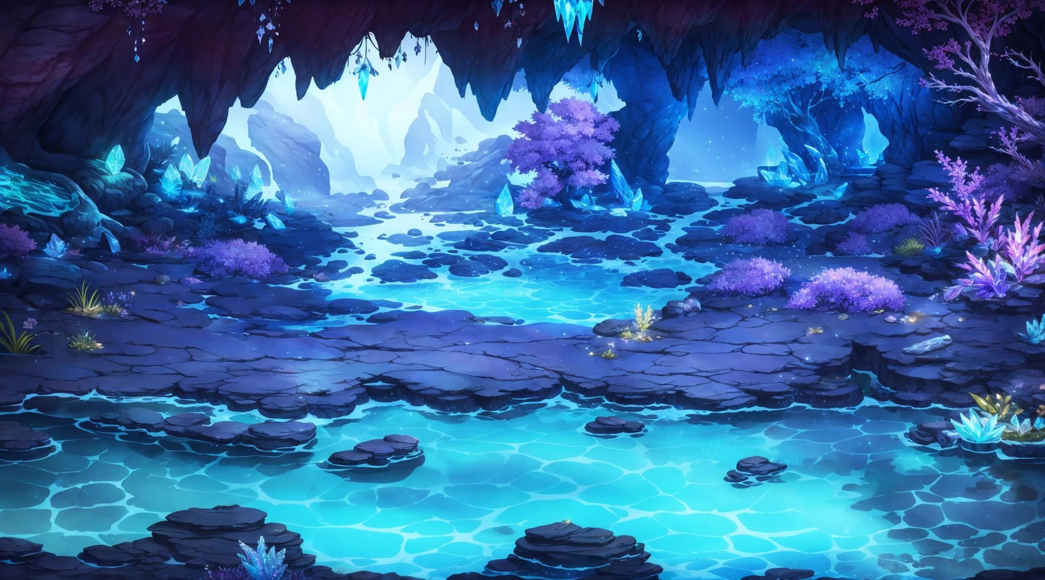 Concept art, horizontal scenes, horizontal line composition, no humans, scenery, outdoors, water, tree, crystal, night, cave, rock,