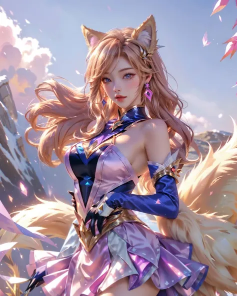 best quality,best quality, 1girl, solo, long hair, breasts, looking at viewer, blue eyes, skirt, blonde hair, gloves, dress, animal ears, bare shoulders, jewelry, medium breasts, earrings, parted lips, fox ears, fox tail, facial mark, multiple tails, whisker markings, purple gloves, pink gloves, ahri \(league of legends\)