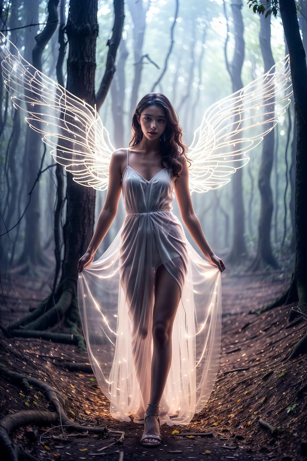 photorealistic,realistic,photography,masterpiece,best quality,ultra-detailed,1girl,Glowing wings,pink wings,dress,wings,forest,