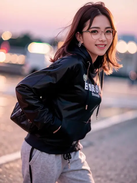 (8k, RAW photo, best quality, masterpiece:1.2), (realistic, photo-realistic:1.37), best quality, ultra high res, photon mapping, radiosity, physically-based rendering, ((solo)),(1girl:1.3), ((glasses)), ((hoodie)), ((sweatpants)), standing,  naughty face, ...