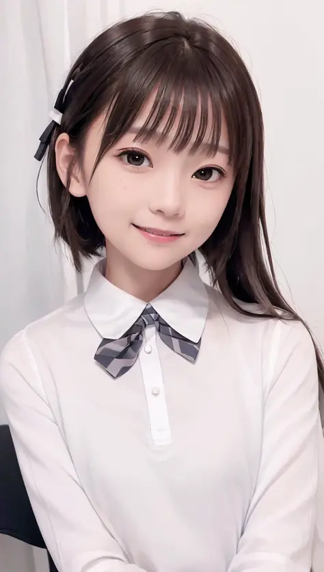 (masterpiece, highest best quality, high resolution, highly detailed, original:1.2),10-year-old girl,slender,thin,random hairstyle,random expression,dark gray collar,white (long-sleeved / short-sleeved)  posing,street,dark grey bow tie on hair,smile,no mak...