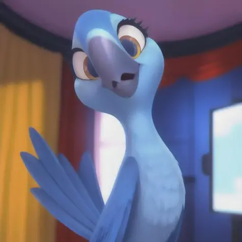 Portrait of Bia <lora:Bia Rio V1:0.7>, cartoon, cgi, ffemale macaw, blue feathers, large pupils, looking at viewer, front view, detailed, high quality, 4k, standing on a soundstage, film studio, eyelashes, sfw