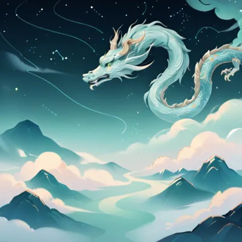 a dragon flying over a mountain with a sky background