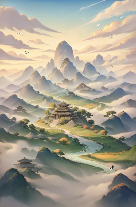 a painting of a mountain landscape with a pagoda in the middle