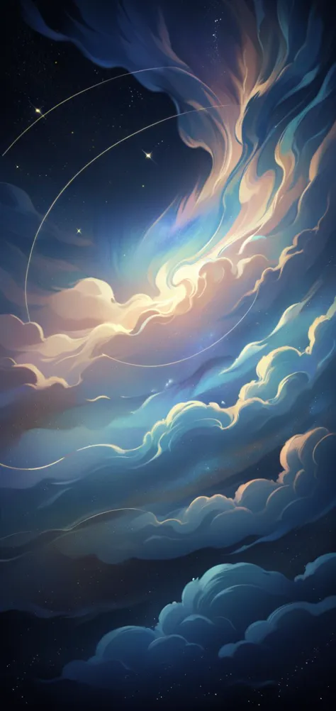 a painting of a sky with clouds and a star in the background