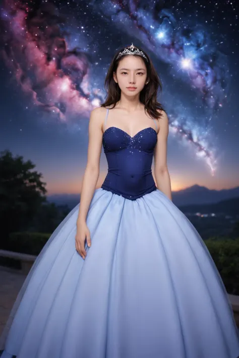 a woman in a blue dress standing in front of a galaxy