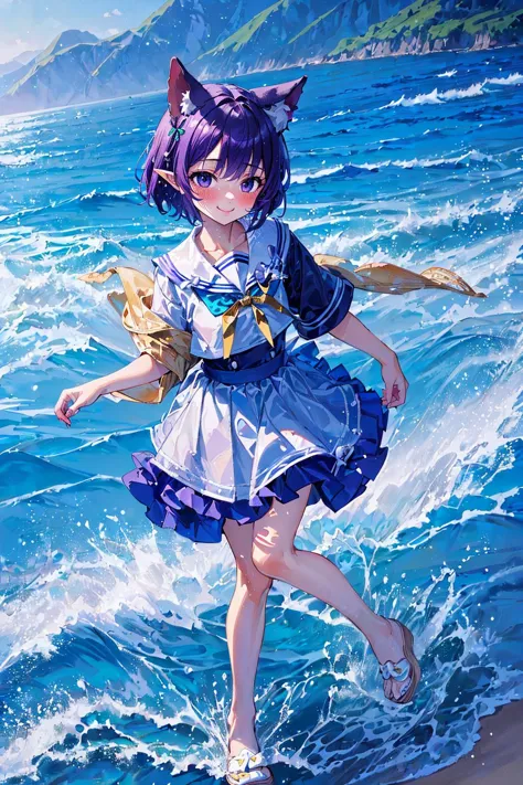 anime girl in a dress walking on the beach with a cat