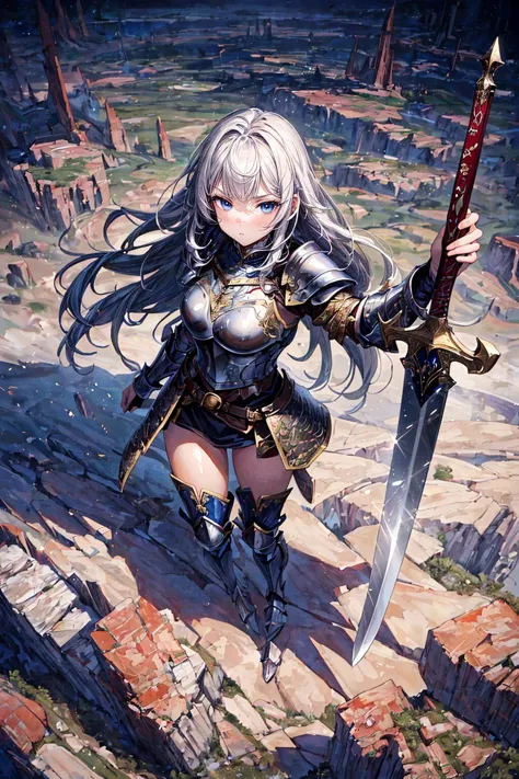 a woman with a sword standing on a rocky cliff