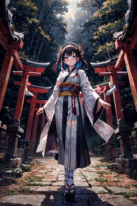 anime girl in kimono outfit standing in front of a red gate