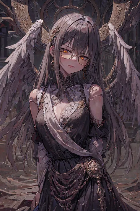 anime girl with angel wings and a dress with a chain around her waist