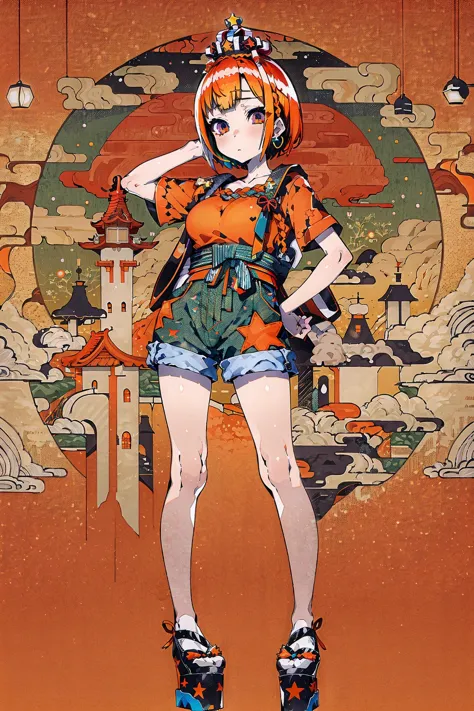 anime girl in orange and green outfit standing in front of a painting