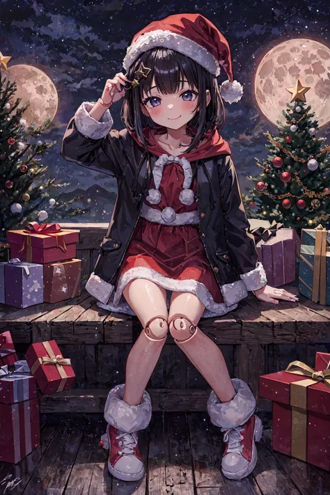 anime girl sitting on a bench with presents in front of her