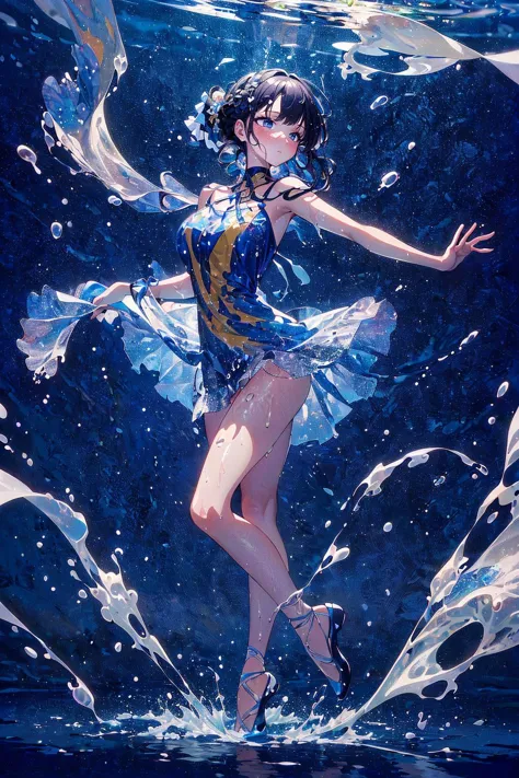 (masterpiece, top quality, best quality, beautiful and aesthetic:1.2), (1girl:1.3), high resolution, extremely detailed, original, abstract background, goddess, colorful, color splash, water, splashing, (water dress:1.3), full body, (melting dress:1.1), melting seems, see-through, ballet dancing, elegant,, bangs, french braid, messy hair,