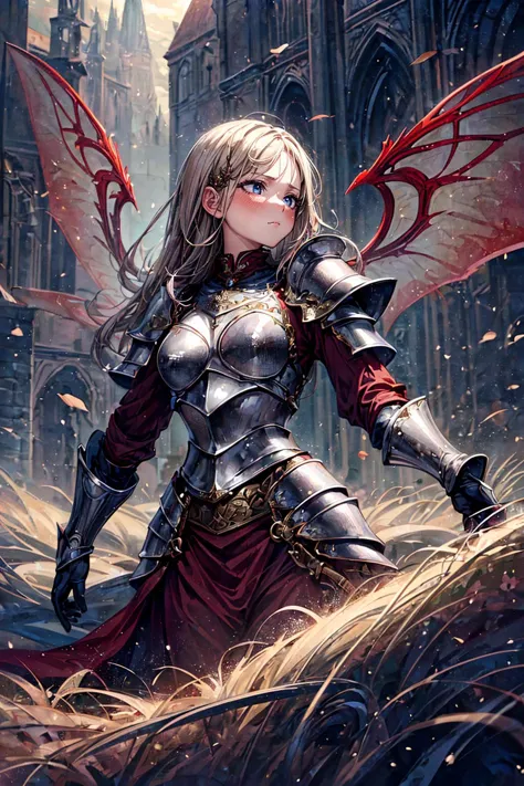 a woman in armor with a sword and a dragon in her hand