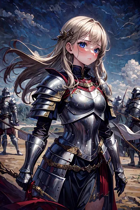 a close up of a woman in armor with a sword