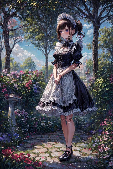 a painting of a woman in a dress standing in a garden