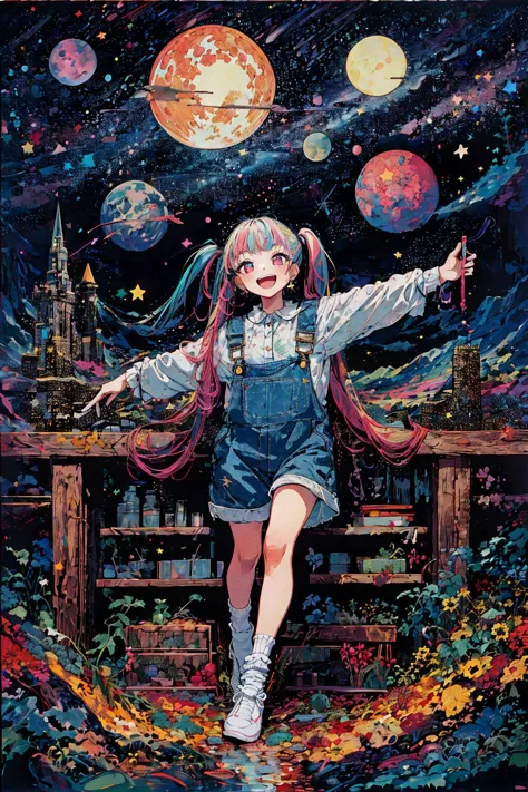 a painting of a girl with long hair and overalls sitting on a bench