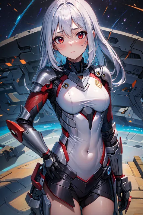 a woman in a futuristic suit standing in front of a spaceship