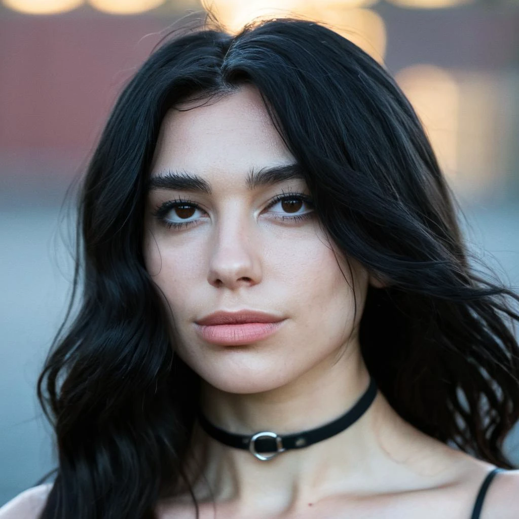 (Skin texture, pores, blemishes), Super high res portrait photo of a woman with black wavy hair wearing a thin black ring choker wearing no makeup,f /2.8, Canon, 85mm,cinematic, high quality, skin texture, looking at the camera, skin imperfections,    