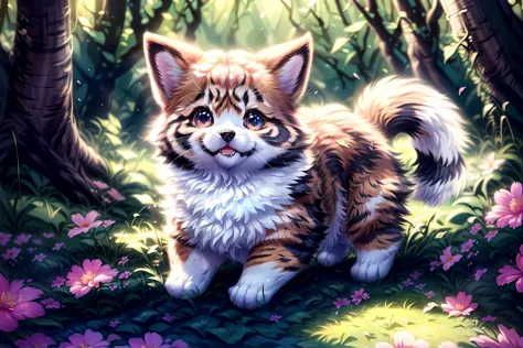 painting of a cat in a forest with flowers and trees