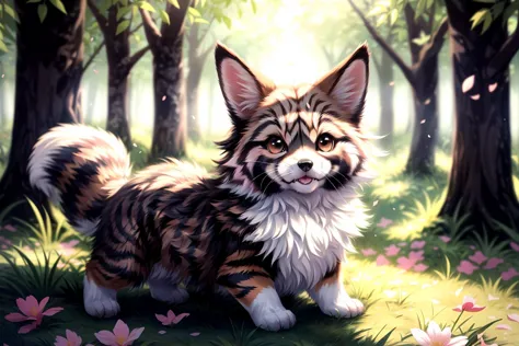 complex background, beautiful lighting, deep shadow, best quality, masterpiece, ultra highres, photorealistic, lots of small details, soft colors, volumetric lighting, scifi, contrast:0.5, 
solo:1.4,  (main_coon:1.2), (corgi:0.8), cute, animal, forest, grass, willow trees, flower petals, ultra fluffy, cutemaomao, 
<lora:add_detail:1> 
<lora:mangguo:0.2>
<lora:main_coon:1> 
<lora:RPGcat:0.5>