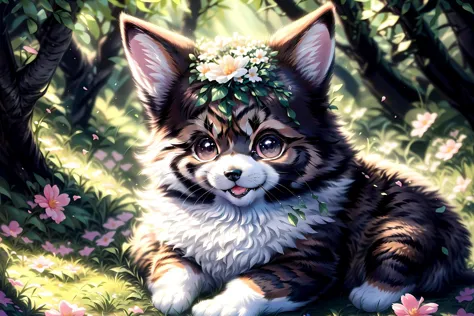 painting of a cat with a flower crown on its head